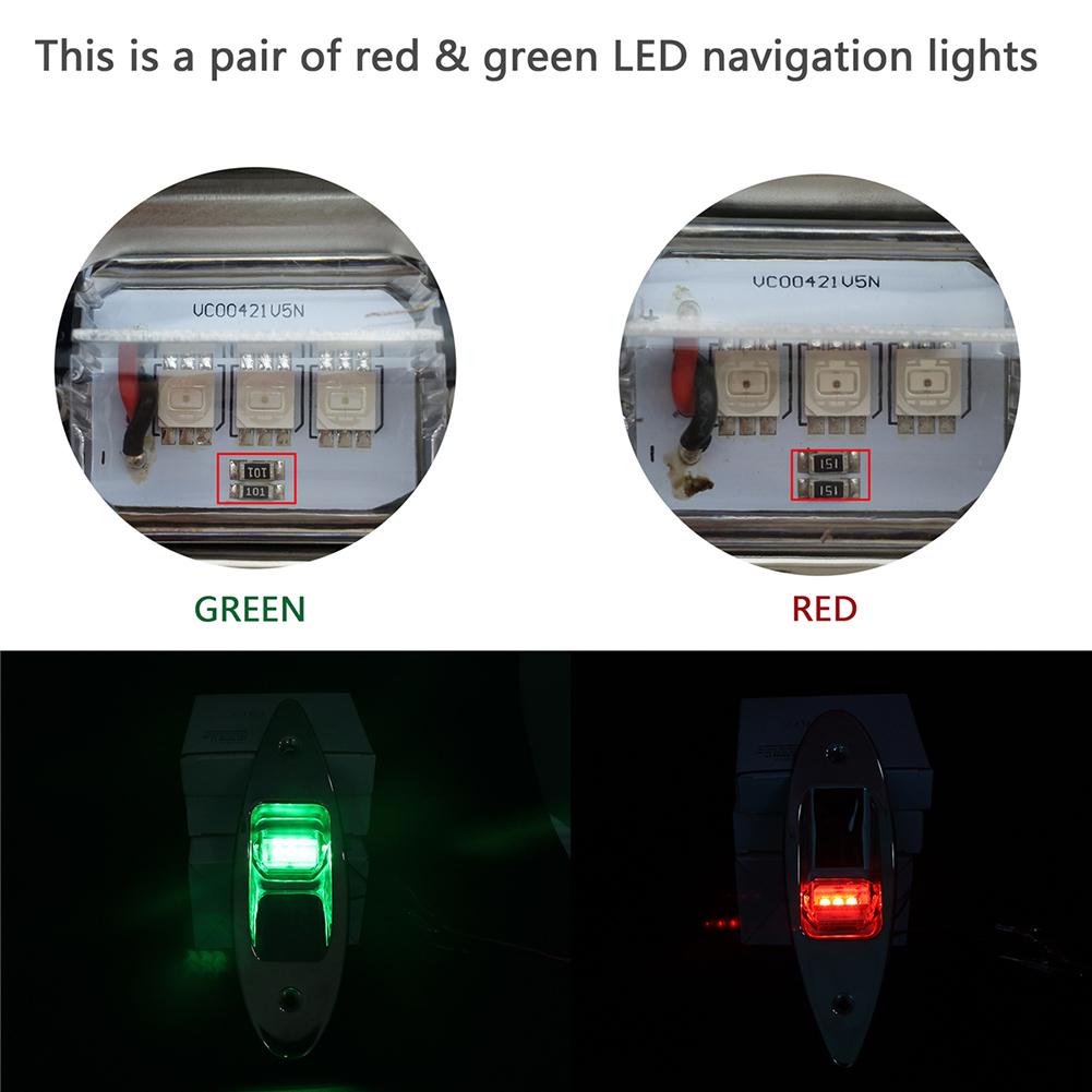 1 Pair LED Red+Green Flush Mount Marine Boat RV LED Side Navigation Lights 12V Nature White LED "5050" 0.5W Stainless Steel