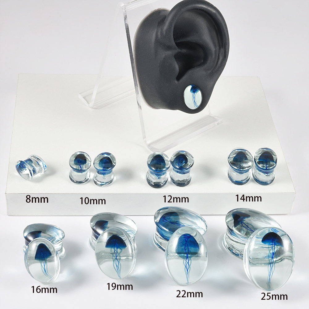 2Pcs Solid Glass Jellyfish Swirl Clear Oil Painting Vortex Ear Plugs Ear Tunnels Gauges Lobe Piercing Jewelry Women Men: Red / Gold-color