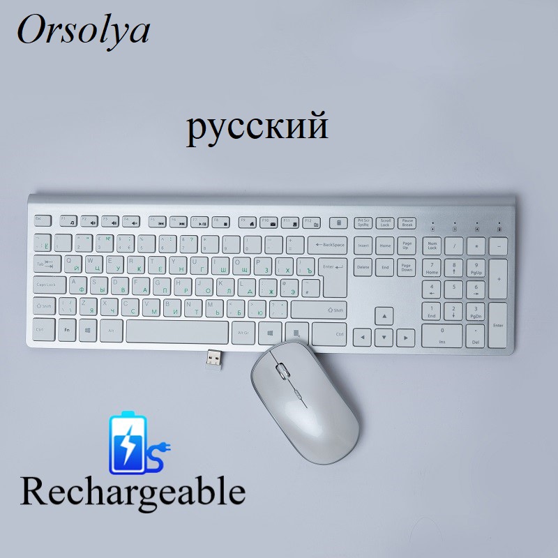 Oplaadbare 106 Toetsen Full Size Draadloze Toetsenbord En Muis Russische Wireless Keyboard Muis Set, Voor Laptop Pc Computer, zilver