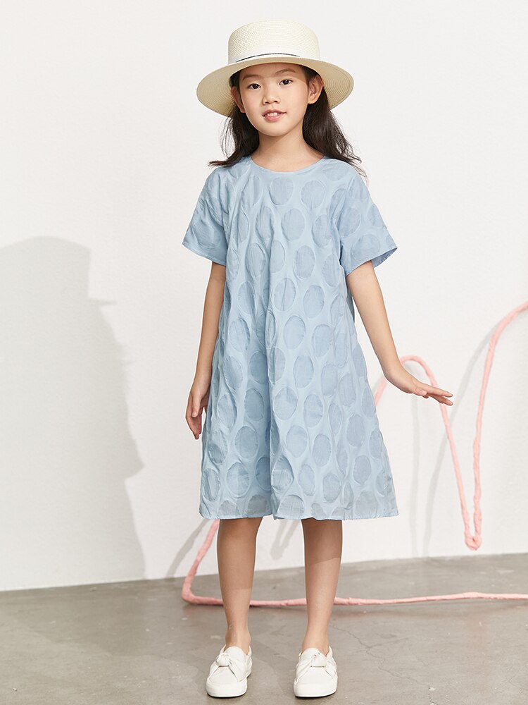 Amii Kids Dress for Girls 2022 Summer O Neck Solid Knee Length Loose A Line Children Casual Dresses Clothes 22180007: blue / 120cm