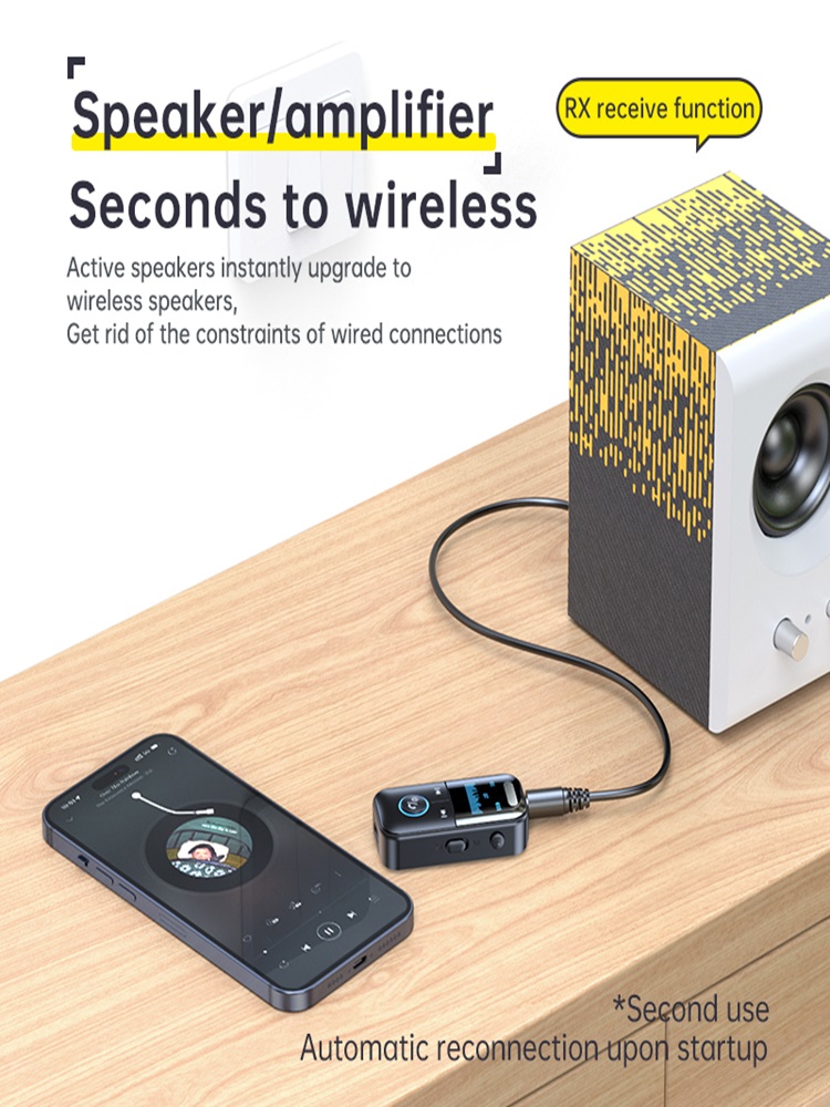 Adaptador aux bluetooth 5.4, transmissor receptor de áudio, entrada de 3.5mm, display led para carro/casa, estéreo/fones de ouvido com fio/alto-falante/tv