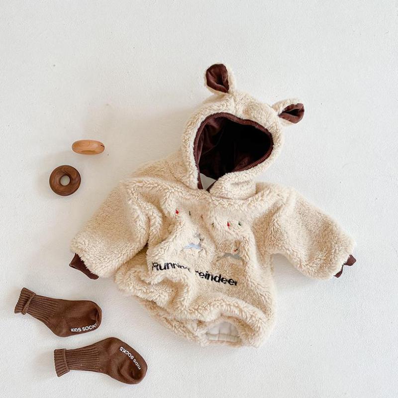 Baby Bodysuit - Plush Deer Embroidered - Long Sleeve - Double Layer Thickening Warm - Unisex