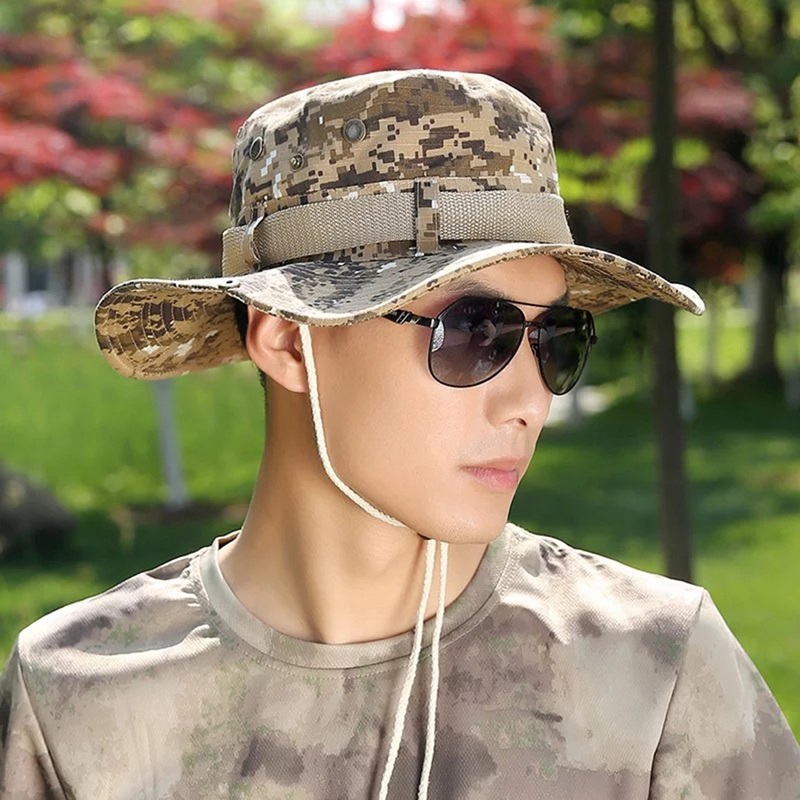 Camouflage Hoed Mannen Vrouwen Camouflage Emmer Hoed Met String Katoen Blend Visser Zon Cap met Kinband