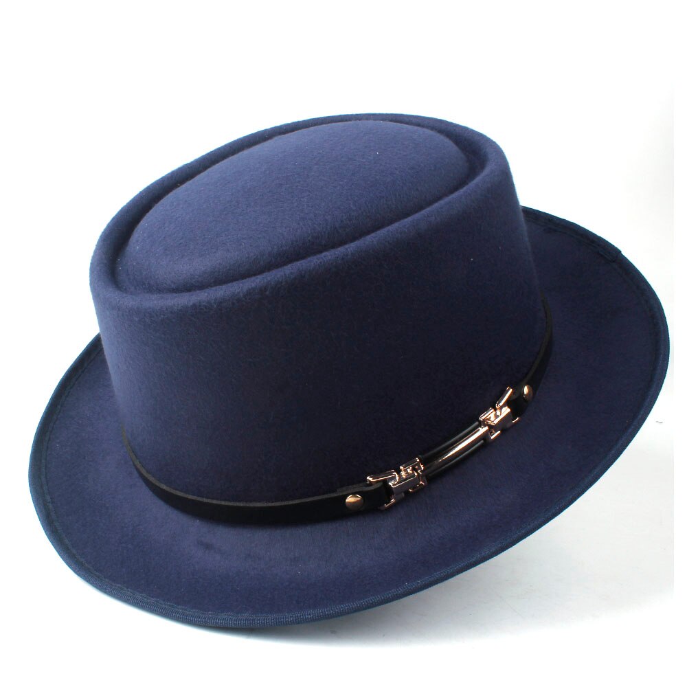 Männer Frauen Wolle Schweinefleisch Kuchen Hütte Mit Leder Gürtel Ich bin Freien Beiläufigen Hütte Panama Kirche Hütte Flache Fedora Jazz Hütte Größe 58CM: dunkel Blau