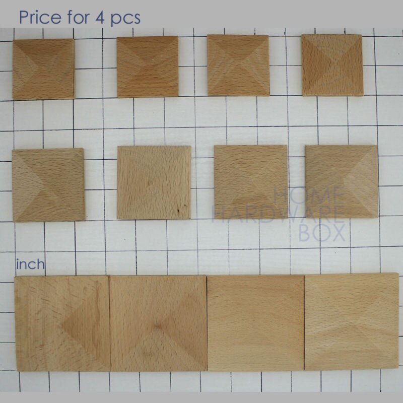 4 onlay furniture decorative piece carved wood unvarnished pyramid square block 2"(50mm)