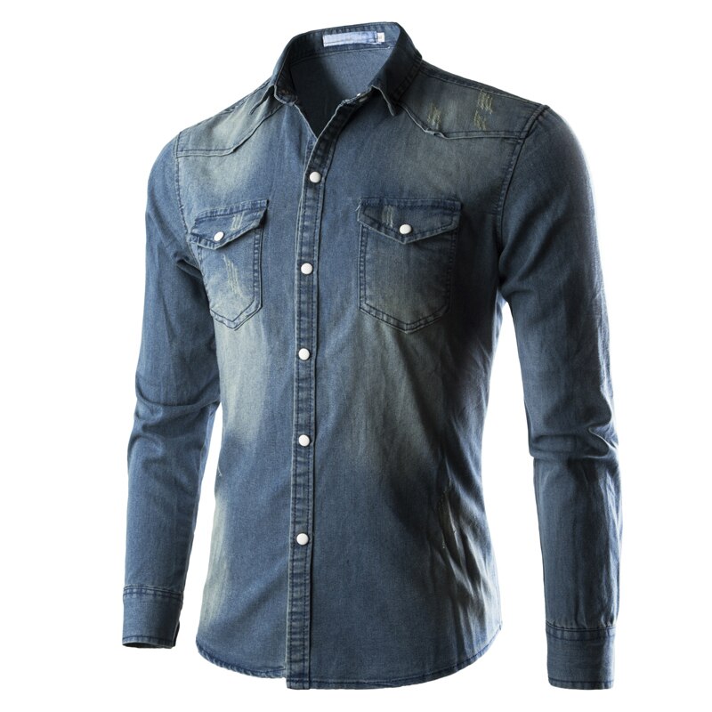 Menn casual denim skjorter merkevare langermet skjorte herre ensfarget slim fit dress skjorter camisa masculina streetwear topper