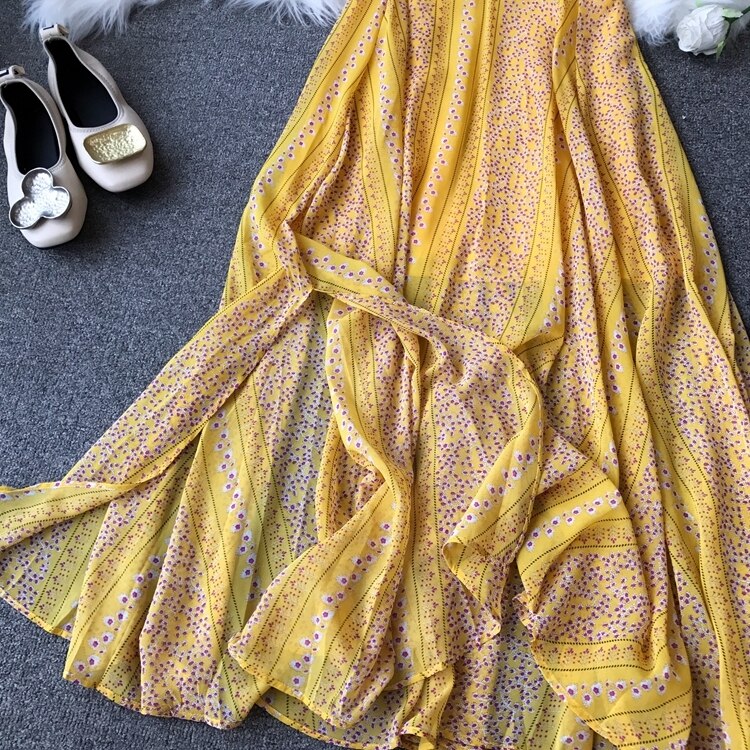 Geel Chiffon Midi Jurk Zomer Casual Vrouwelijke Plus Size Lady Beach Vestidos Spaghetti Band Jurk Vrouwen Dames