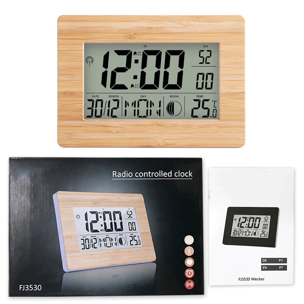 Atomic Clock LCD Digital Calendar Alarm Day Clock Dual Alarm Color with Snooze Temperature Table Clocks with Thermometer