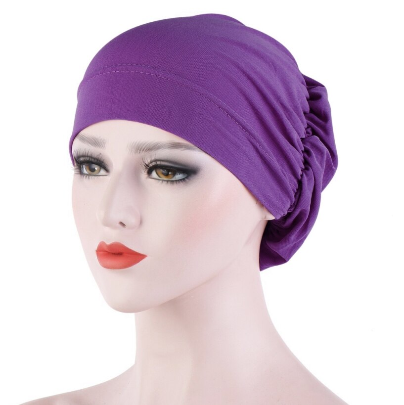 Vrouwen haaruitval sjaal elastisch dame kanker chemo pet moslim tulband hoed arab hoofddoek muts hoofddeksels skullies effen kleur: Paars