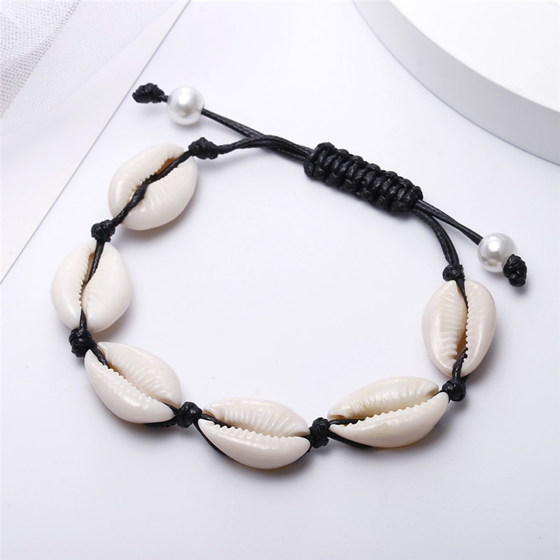 Boheme naturlig sea shell armbånd ankel hånd strik reb elastisk beaded pulseira diy strand smykker tilbehør sommer kvinder
