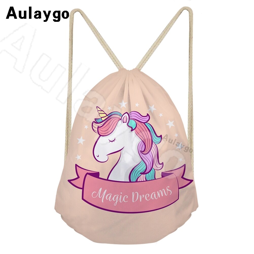Aulaygo unicorn ryggsäck för barn reselinje unicorn färg bokstavstryck kawaii dragsko väskor axel barn skolväska: Mång