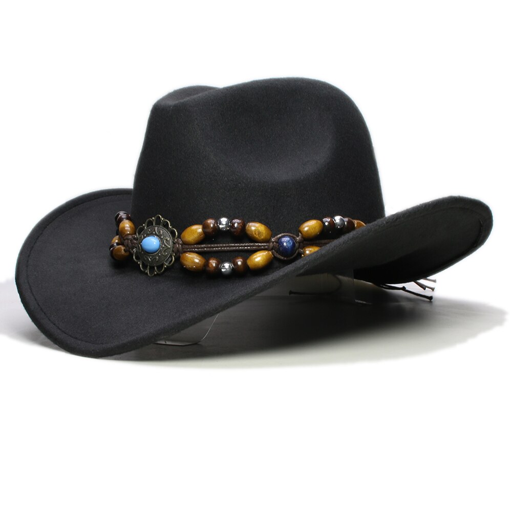 Trança de miçangas de madeira retrô, formal, turquesa, miçanga de madeira, bandunisexlã, aba larga, chapéu de vaqueiro ocidental, boné grande, 61cm: Preto
