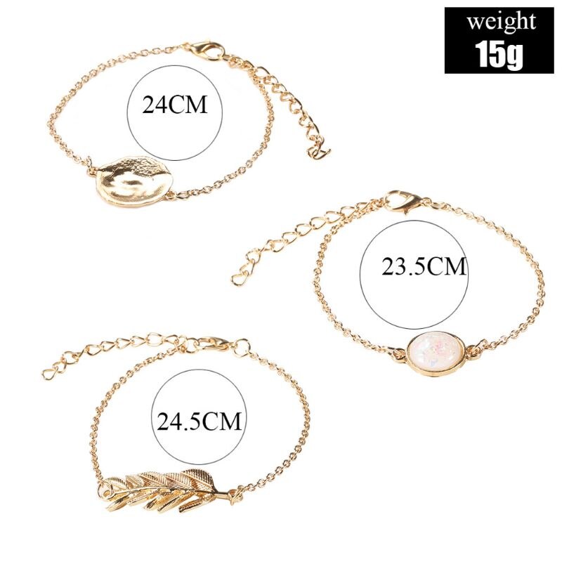 3Pcs Vintage Golden Chain Imitation Opal Stone Leaves Round Discs Charm Bracelets Kit for Women Jewelry