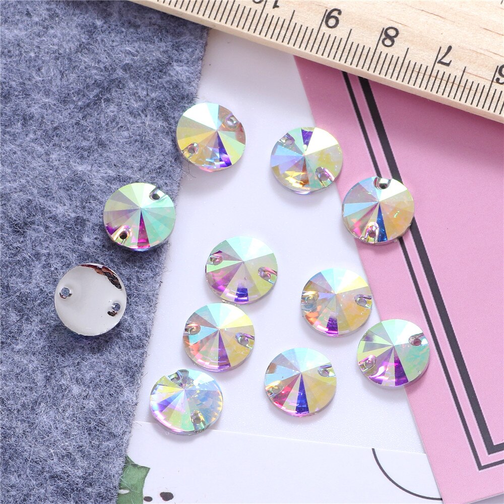 Diamantes de imitación redondos de resina para coser, cristales AB plateados con reverso plano, piedras Strass para ropa, accesorios para zapatos, 7 tamaños
