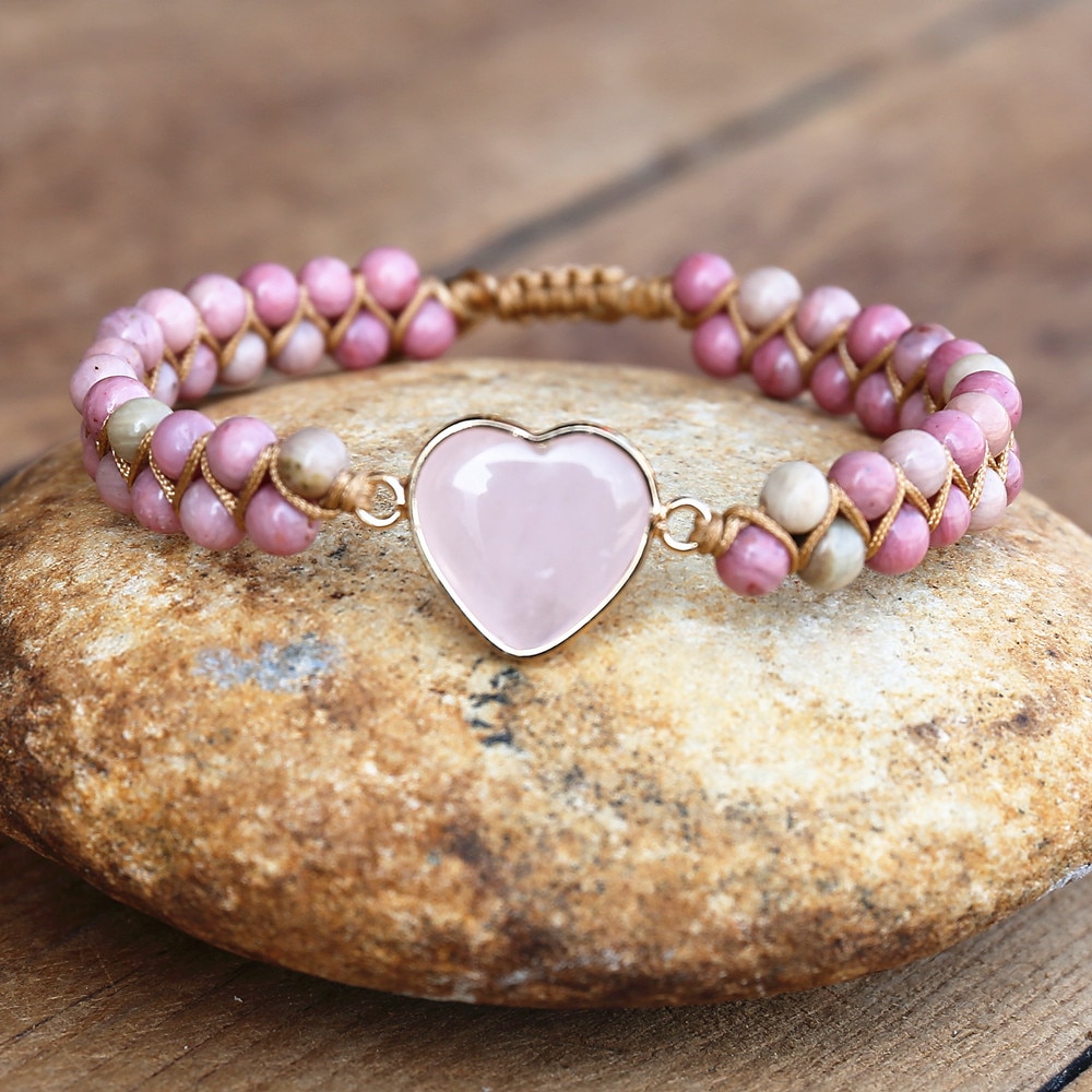 4Mm Rhodonite Roze Crystal Heart Charm Armbanden Vrouwen Bohemen Yoga String Gevlochten Lover Wrap Armband Handgemaakte Sieraden