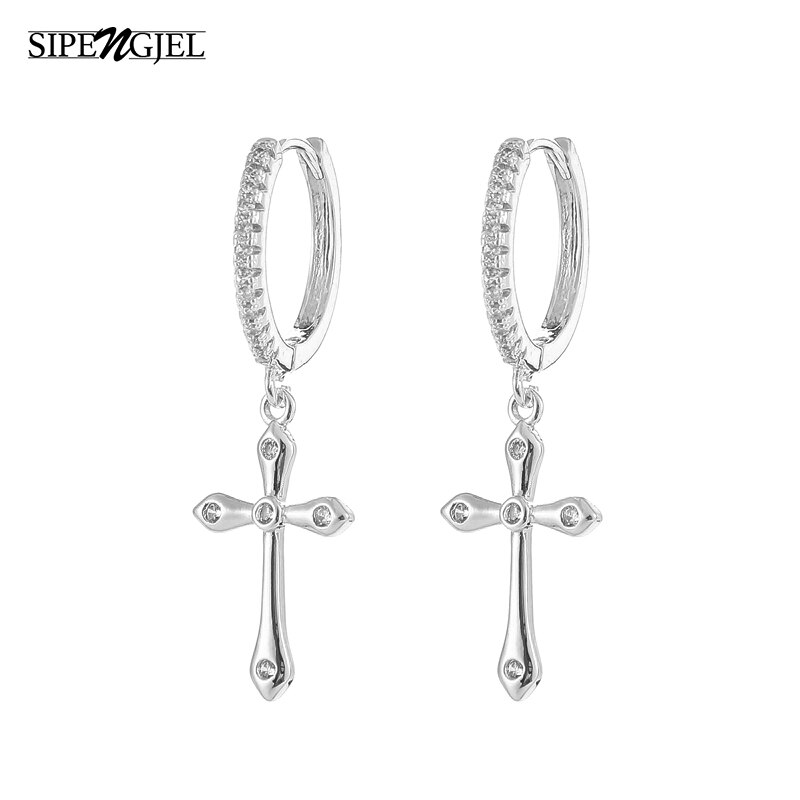 SIPENGJEL moda squisita croce goccia asimmetria orecchini colore argento ciondola orecchini a cerchio per donna uomo gioielli 2021 tendenza: 741 silver