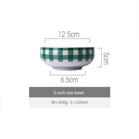 Green plaid series Plate Set Ceramic Kitchen Plate Tableware Set Food Dishes Rice Salad Noodles Bowl Soup Kitchen Cook Tool 1pc: 5 inch Rice bowl