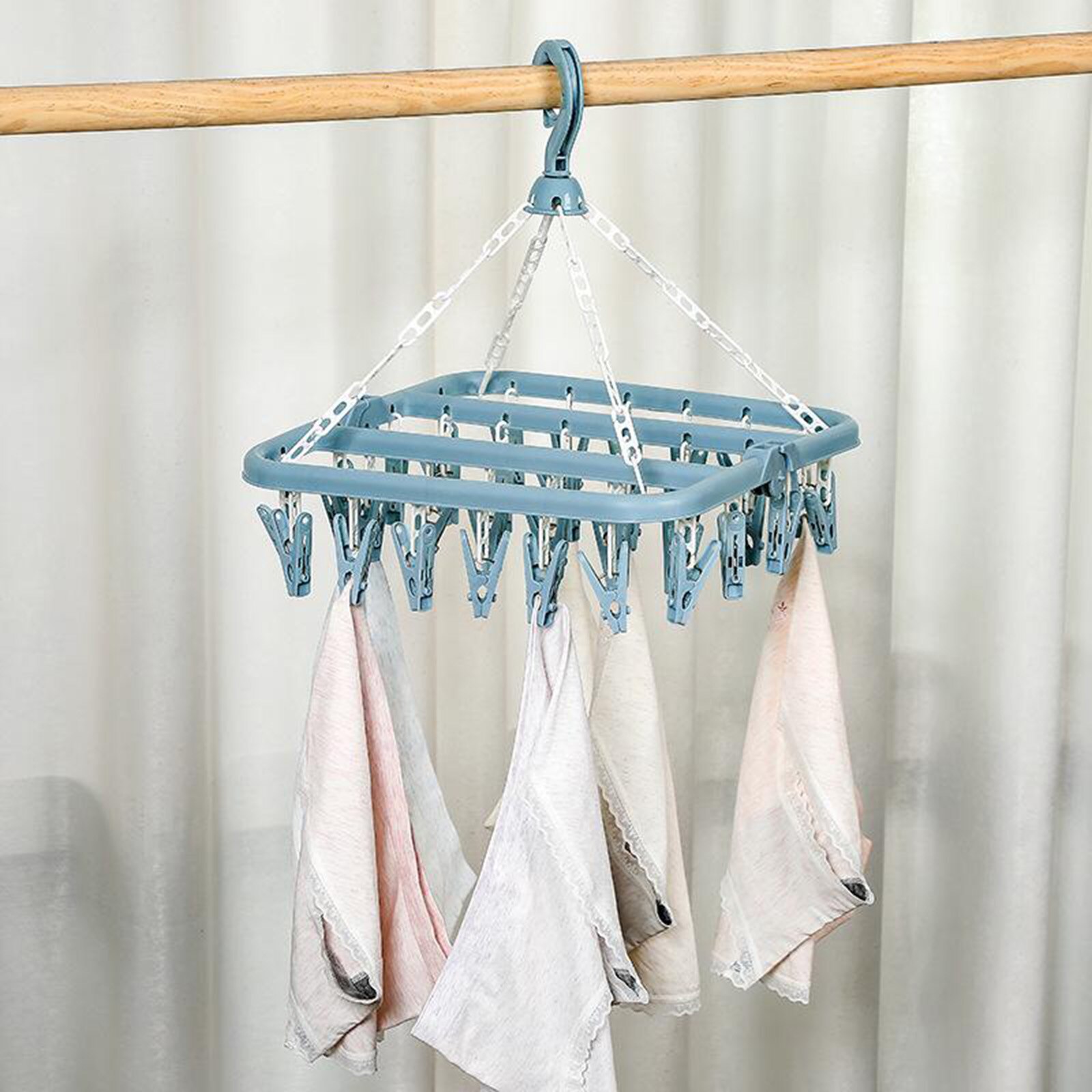 32 Peg Foldable Clip Hangers, Underwear Hanger with Clips, Plastic Laundry Clip and Drip Drying Hanger for Socks, Bras, Clothes