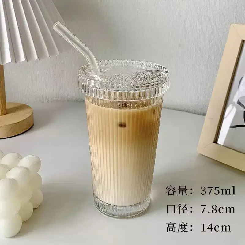 Taza de vidrio a rayas de 375Ml con tapa, Pajita de estilo japonés para beber, tazas elegantes para leche, café, té, de cumpleaños, vasos de whisky: Negro