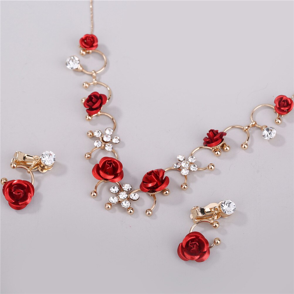 Vrouwen Elegante 1 Paar Oor Clip + 1 Ketting Rode Bloem Casual Jurk Accessoire Mode Legering Oor Clip Neckless Sieraden set