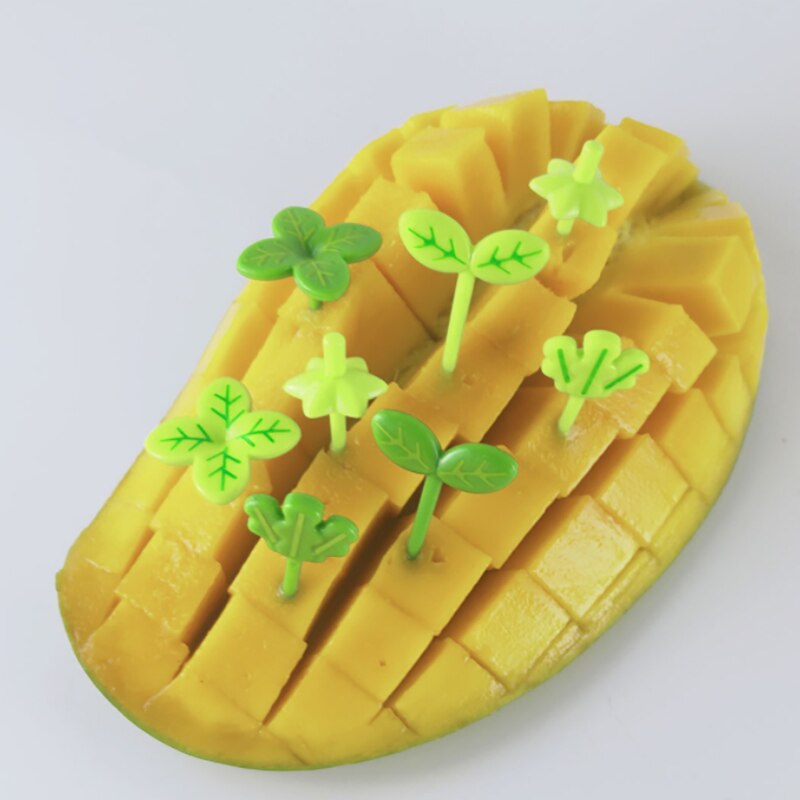 Fiambrera de decoración de plástico con hojas para niños, palillo de dientes, tenedor pequeño para ensalada, Mini palillos para pastel, 8 Uds.