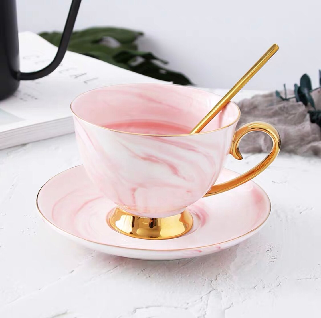 European luxury coffee cup and saucer set gold afternoon tea cup coffee cup milk cup home office marble ceramic cup: pink