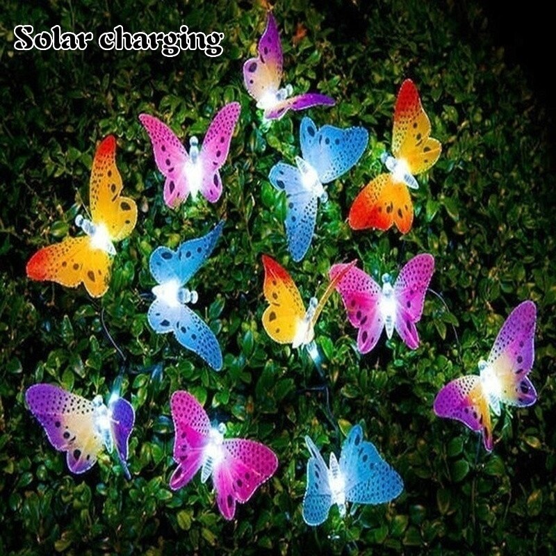 Tira de luces LED de 12 ledes de fibra óptica con forma de mariposa para decoración de jardín, luces solares para jardín