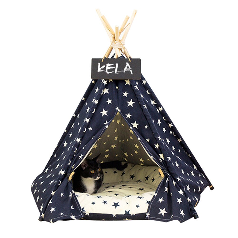 Portable Teepee Star Pattern Pet Tent House Pet Cat Dog Tent Foldable Dog House Nest Bed Dog Cages Kennels House with Cushion: Navy Blue / L