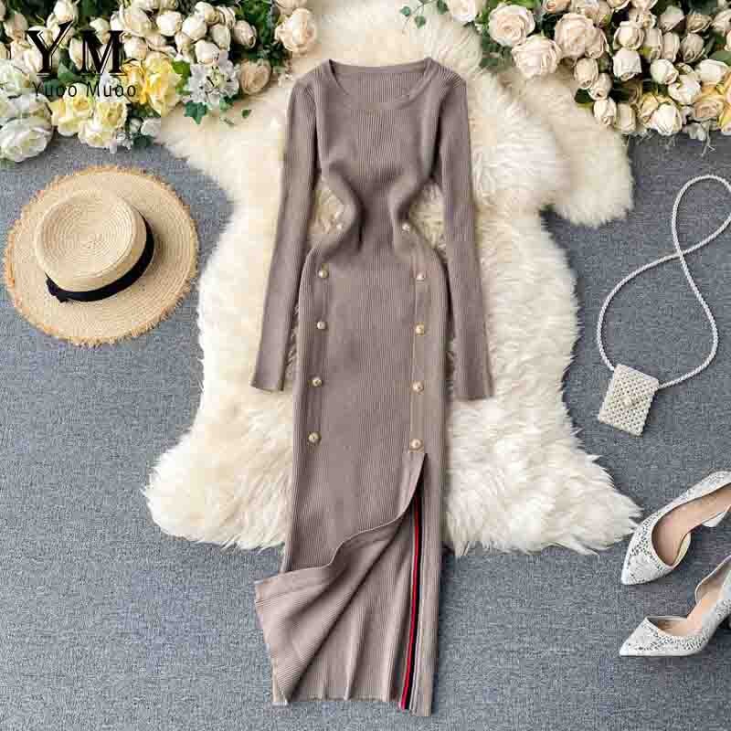 Yuoomuoo Elegante Vintage Double-Breasted Office Dames Jurk Herfst Winter Gebreide Lange Jurk Vrouwelijke Split Bodycon Jurk: Bruin