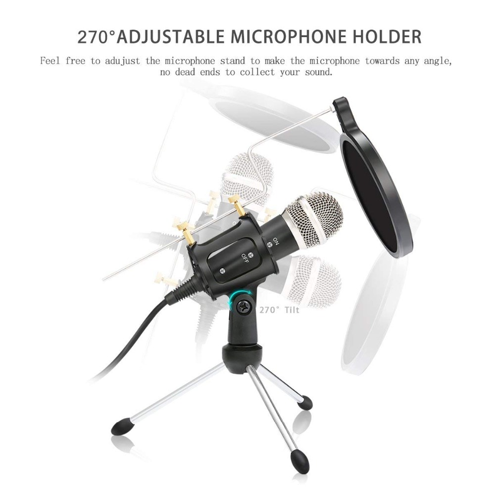 Lefon Microphone Recording Condenser For Computer Android Phone PC Microphone Stand For Podcast Karaoke 3.5 mm Jack