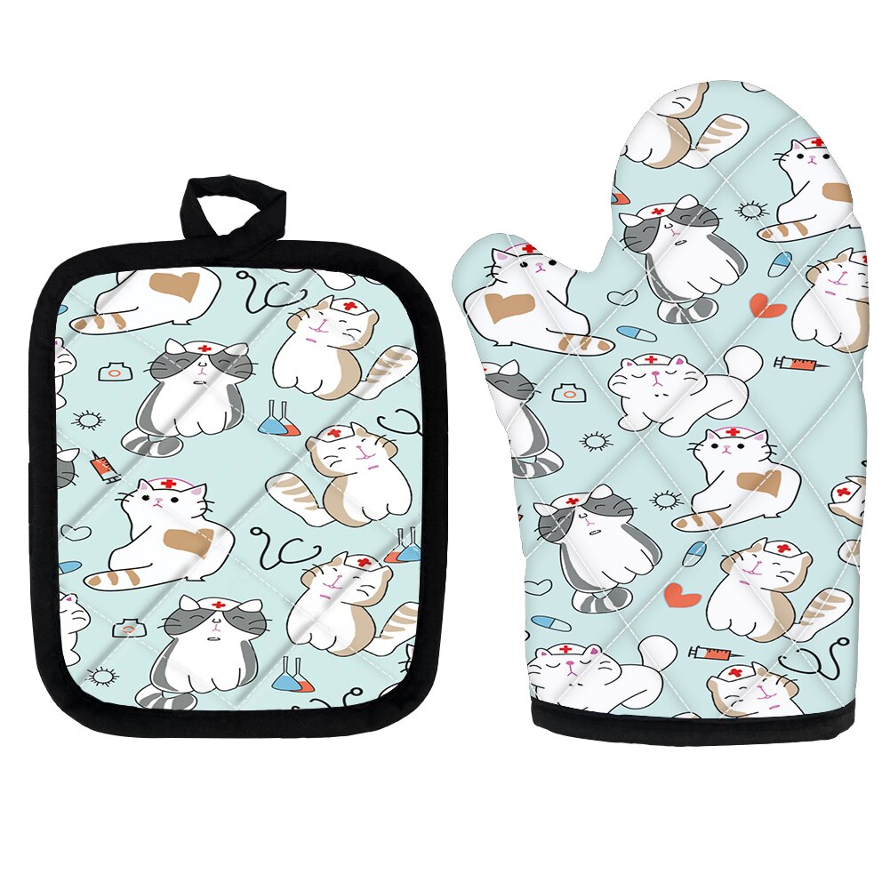 High Heat Protect Gloves Cute Cartoon Cat Print Polyester Microwave Oven BBQ Mitt Potholder Kitchen Mittens and Pad for Cooking: Z6331D19