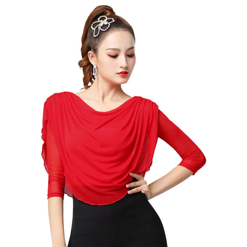 Vêtements de danse latine, chemise de danse standard nationale pour femmes, à manches mi-longues, en maille, de salle de bal moderne, tissu d&#39;exercice à col rond,