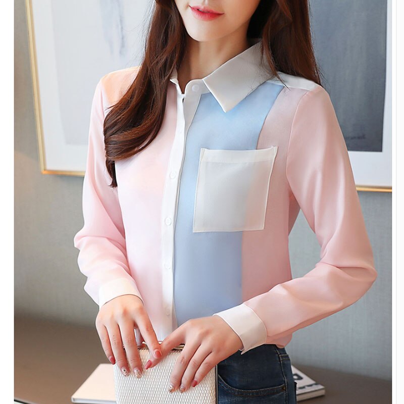 Camisas de mujer de oficina de otoño blusas de chifón informales empalmado ropa de mujer de manga larga con bolsillo 6196 50