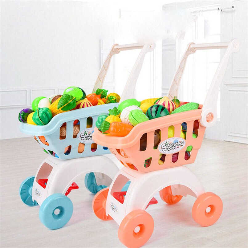 28 Stks/set Kids Grote Supermarkt Winkelwagentje Trolley Push Auto Speelgoed Mand Simulatie Fruit Pretend Speelhuis Meisjes Speelgoed