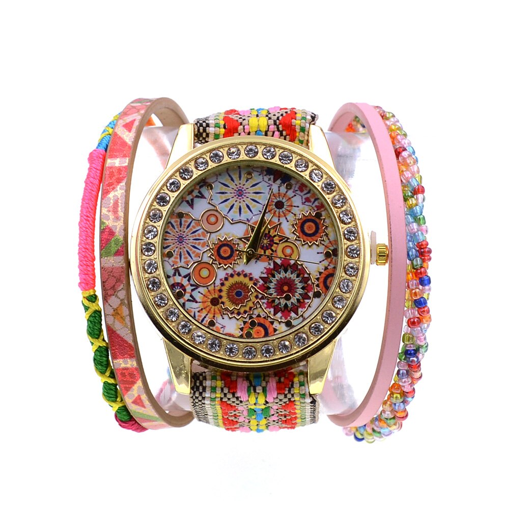 Wellmore stijl bohemien kleurrijke kralen met leren armband horloge & casual quartz polshorloges voor vrouwen