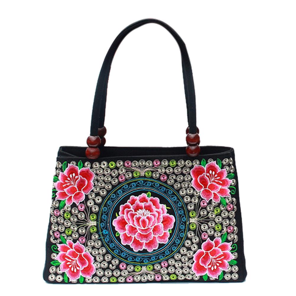 Women's Tote Bag - Floral Embroidered Canvas - Zipper Closure - Shoulder Top-Handle - Vintage Style: C