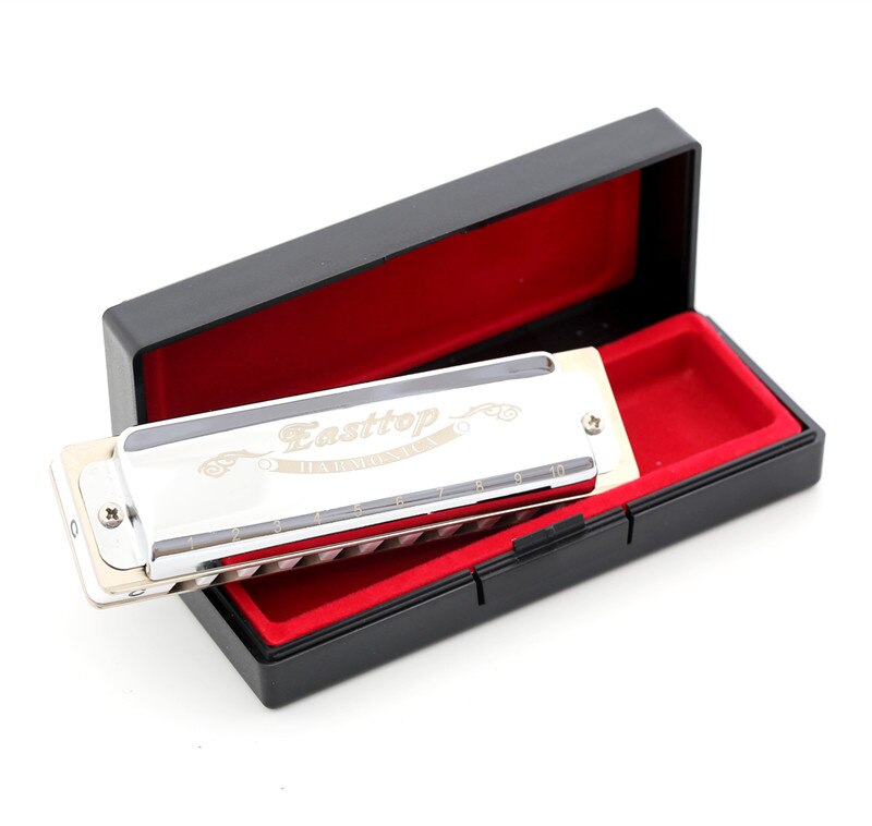 East top 10 hole blues harp diatonic harmonica, key of C. silver color cover,for player,performance