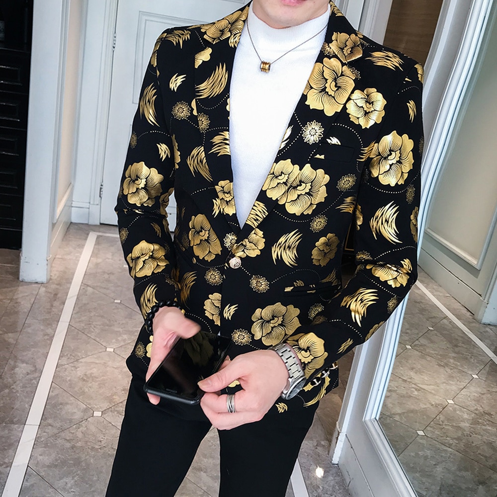 Smokings Heren Blazer Jacket Slim Fit Bloemen Pak Trend Afdrukken Bloemen Mode Mannelijke Party Stage Formele Jasje Zilver Goud