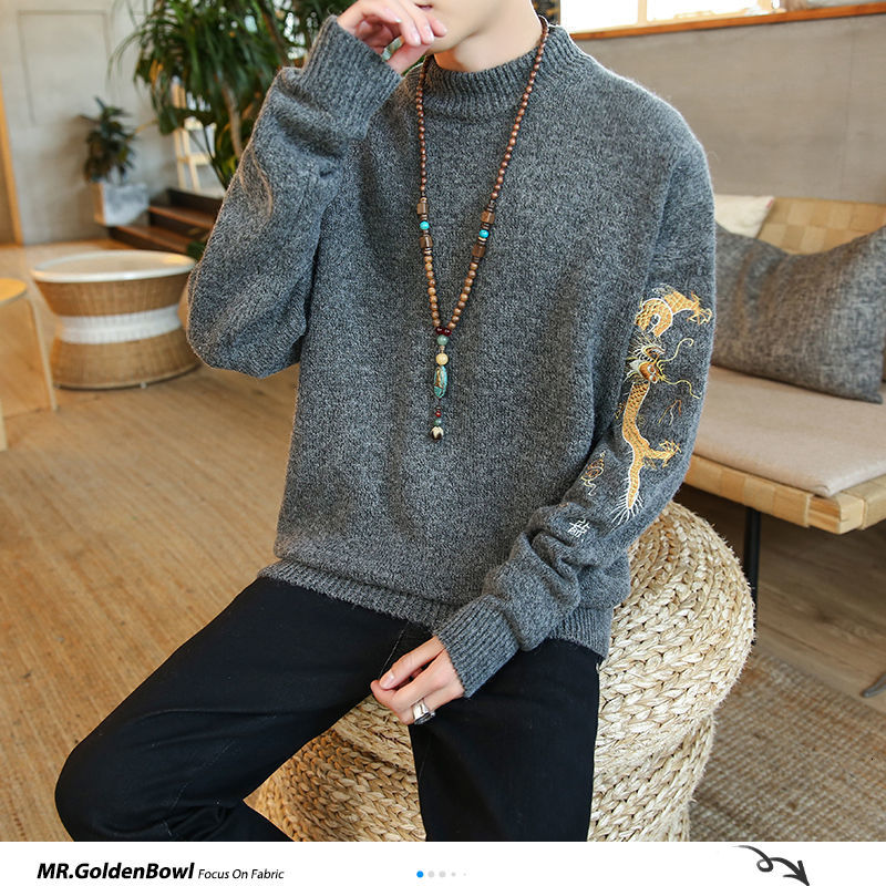 MrGoldenBowl automne hommes chandails Dragon chinois imprimé tricoté pulls grande taille homme pull ample hauts