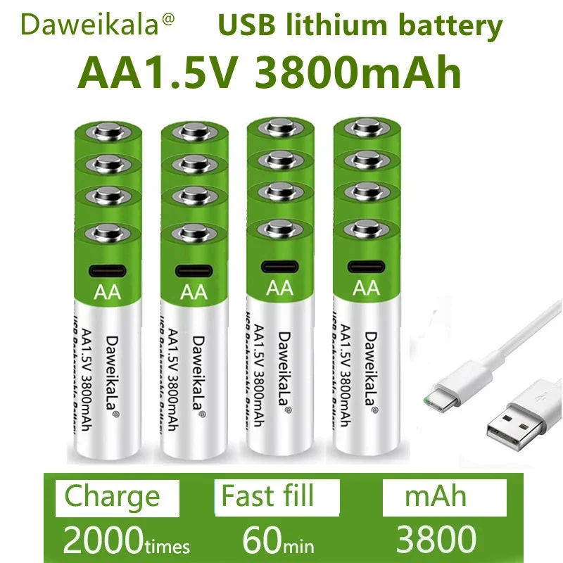 Fast charging 1.5 V rechargeable battery AA1.5V 3800 MAH lithium battery replacement LED flashlight, camera, keyboard and mouse