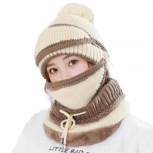 3 kpl talvinaiset paksuuntuvat lämmin neulottu pompon pipo hattu huivi kasvomaski setti joulu шапки шарфы варежки doitbest: Beige