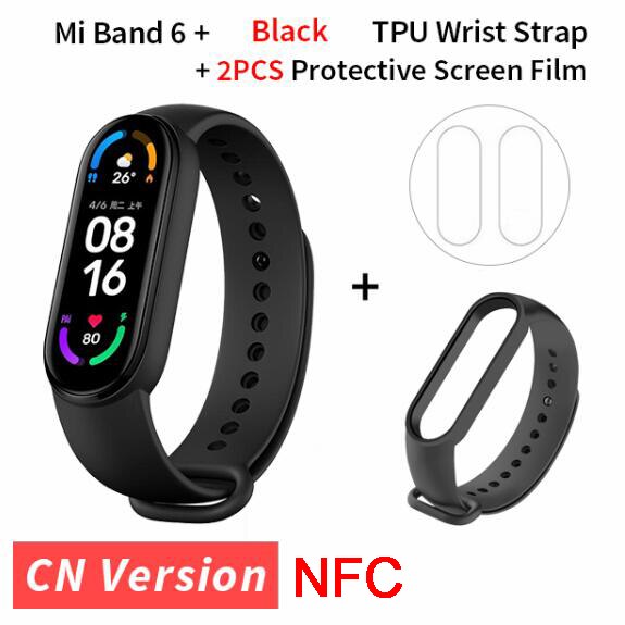 Xiaomi Mi Band 6 NFC inteligentna bransoletka 1.56 &quot;ekran AMOLED 5 kolorów tlen krwi tętno Fitness Tracker wodoodporny Miband6: black strap film