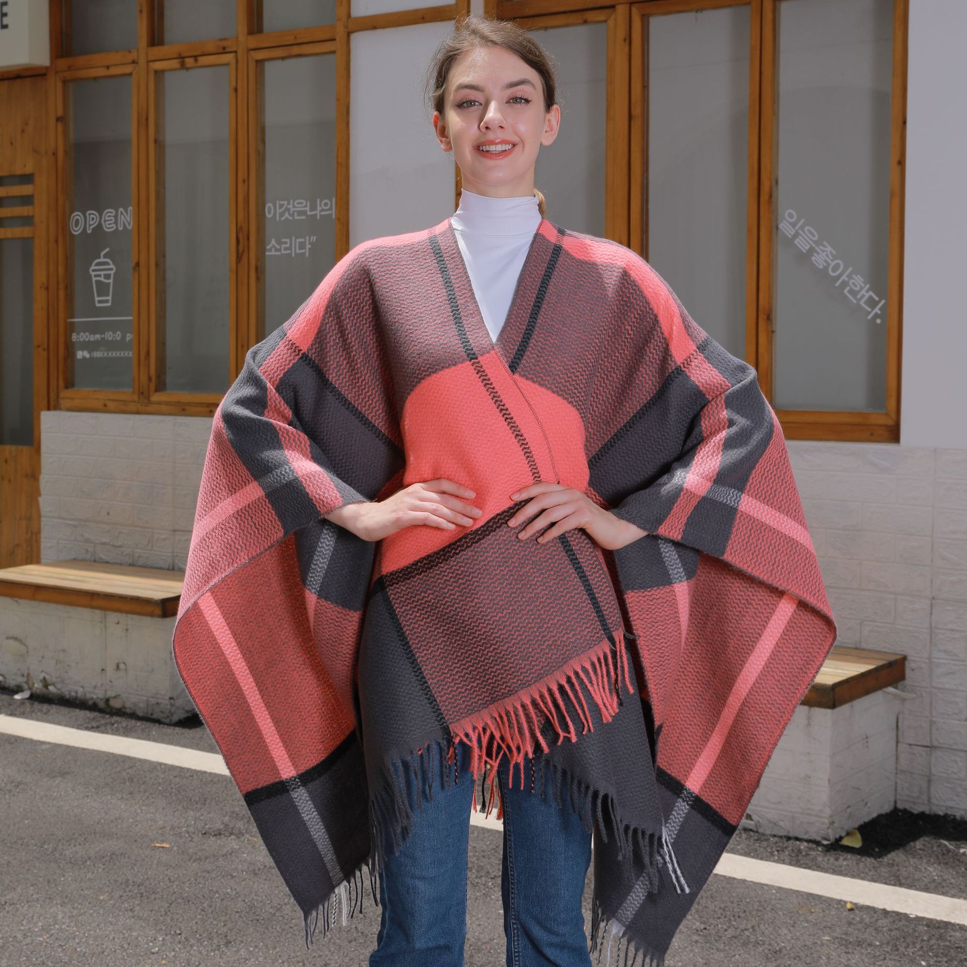 Autumn Winter Warm Tassel Cardigan Poncho Cape Blanket Women Knitted Jacquard Striped Outerwear Shawl Cloak