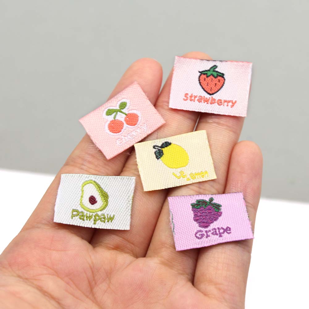 Etiquetas de frutas hechas a mano para ropa de niños, etiqueta de cereza, fresa, limón, hecha a mano, bordada, 50 piezas
