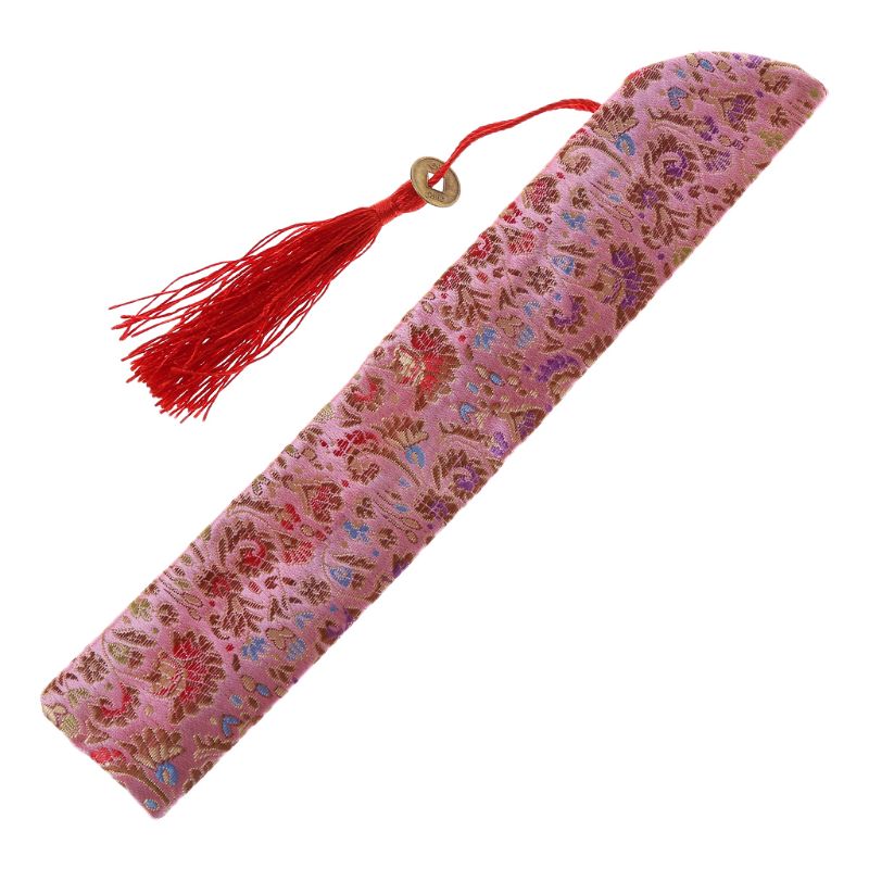Silkefoldning kinesisk hånd fan taske med kvast støvtæt holder beskyttelsespose taske cover retro stil  e15b: Lyserød