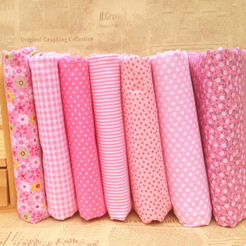 Diverse bedrukte katoenen stoffen, quilten, naaien, knutselen, patchwork, voorgesneden, 7 stuks: Roze