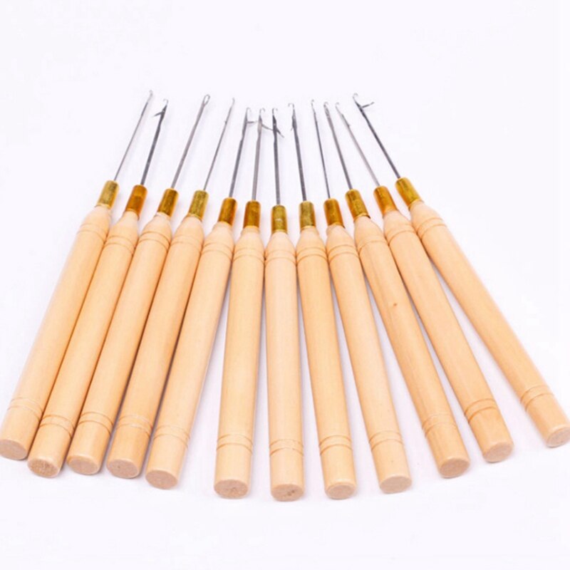 Aguja de gancho con mango de madera, Micro anillos, aguja para Micro anillos, herramientas para extensiones de cabello,