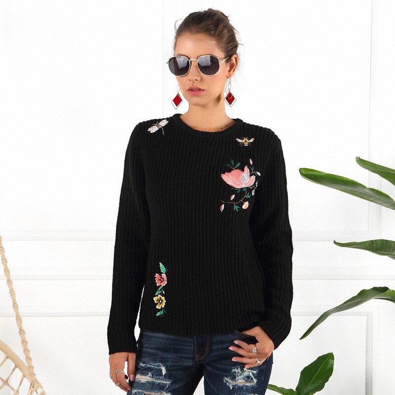 Geborduurde Trui Lange Mouwen Womens Casual Brand Lange Mouwen Vrouwen Trui Slim Ronde Hals Vrouwen Trui Pullover