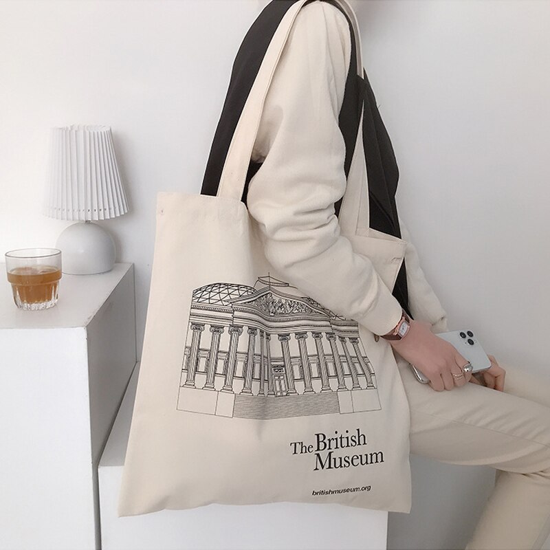 Vrouwen Canvas Tas Britse Museum Print Katoen Schoudertassen Eco Boodschappentassen Eenvoudige Casual Tote Doek Boeken Handtas Voor Meisjes