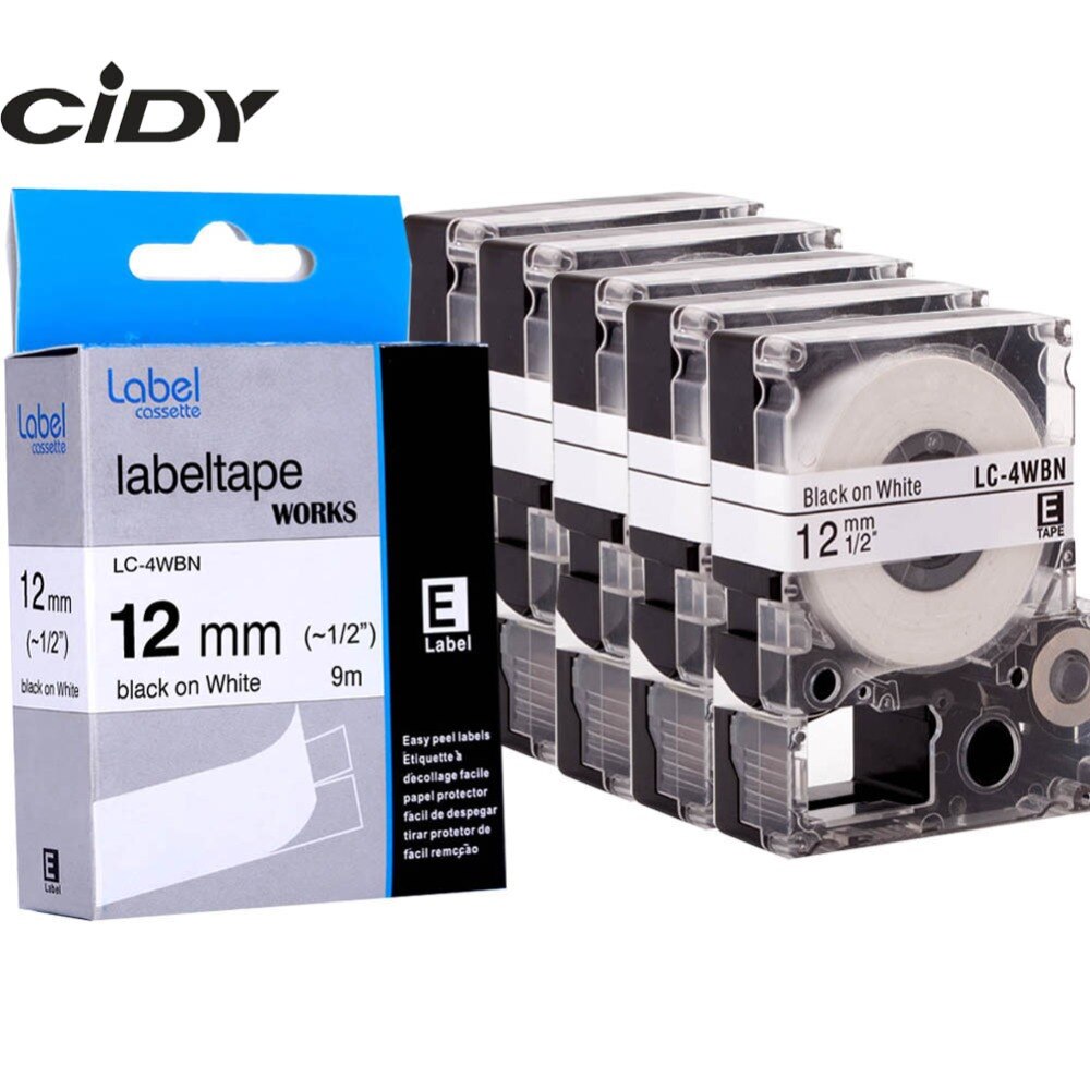 CIDY 5pcs 12mm Black on White LC 4WBN LC4WBN LC-4WBN9 /SS12KW Label Ribbon Cassette for Epson label printer LW-300 LW-400 SR150